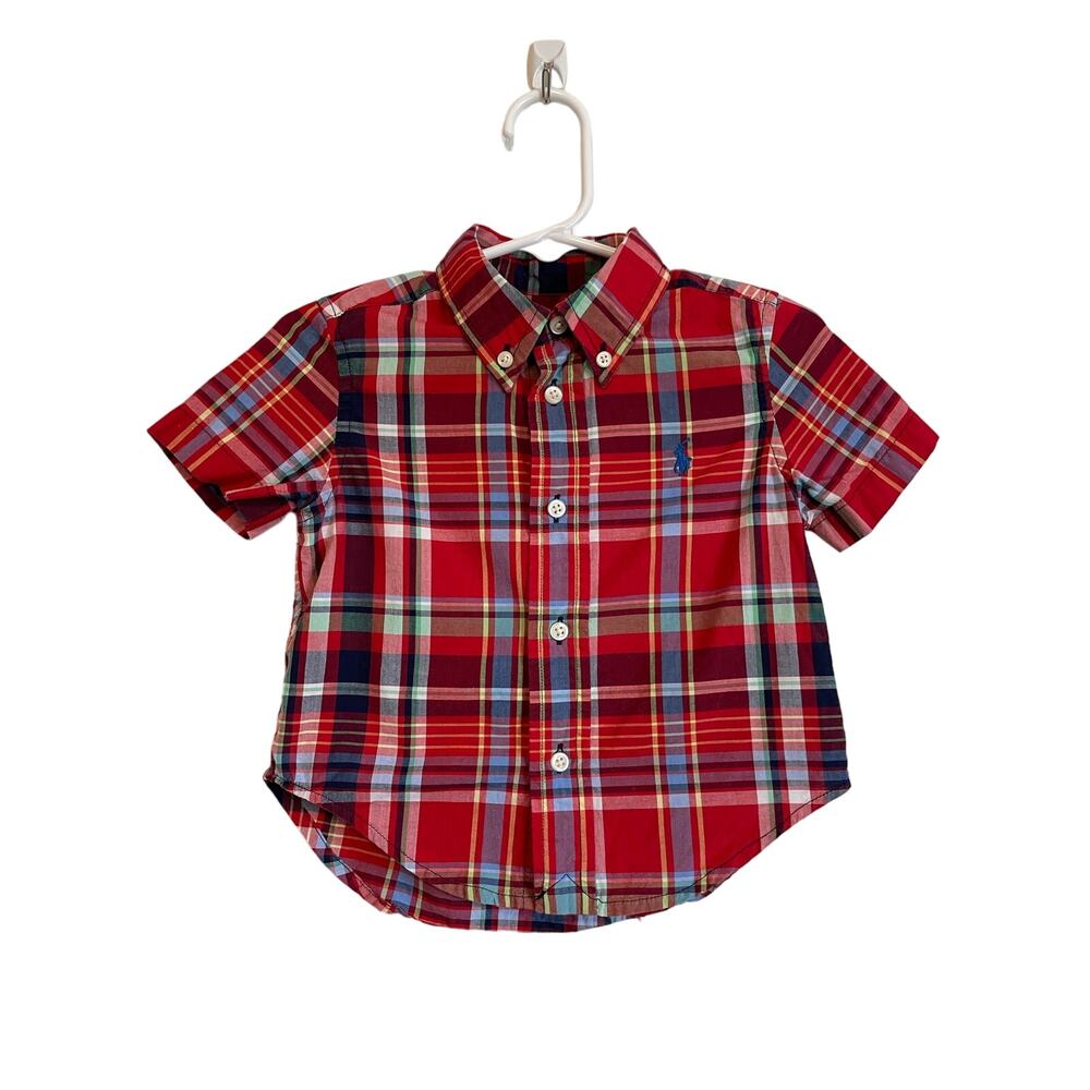 Ralph Lauren red plaid button up shirt short sleeves collared. Size 12 mo